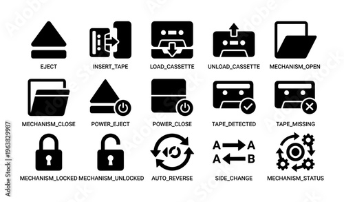 Cassette mechanism icons set including eject, insert, load, unload, and status symbols