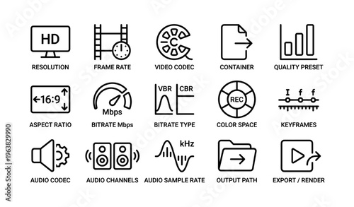 Icons for video editing elements including resolution aspect ratio frame rate and bitrate