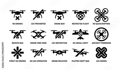 No drone and uav prohibition signs and icons set