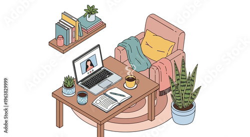 Woman relaxes on pink armchair with laptop coffee and books nearby in cozy indoor setting.