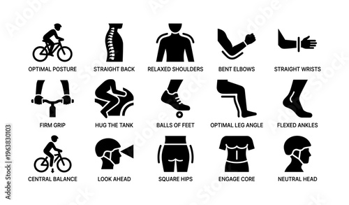 Cycling posture icons illustrating optimal cycling techniques and body positions