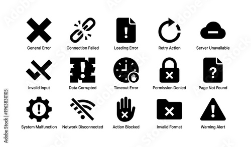 Error and warning icons: general, connection, loading, retry, server unavailable