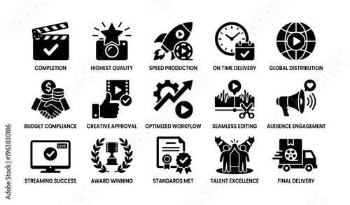 Streamlined media production process icons highlighting quality and efficiency