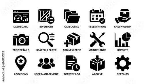 Dashboard icons for inventory, categories, and reservations management