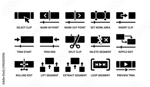 Video editing icons collection: trim, split, trim, insert, delete functions