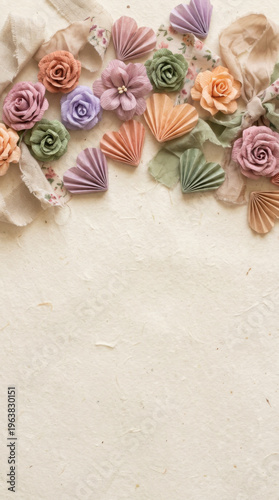 Pastel paper flower border folded heart ribbon, romantic handmade floral background card