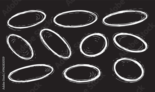 Hand drawn black and white oval shapes collection. Sketchy Ellipse Set: A series of hand-drawn ellipses in varying styles, offering a versatile