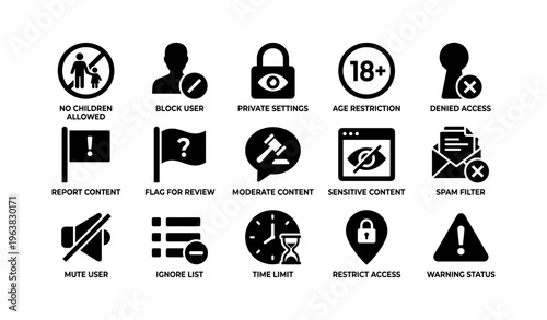 User access restriction and content moderation icons set