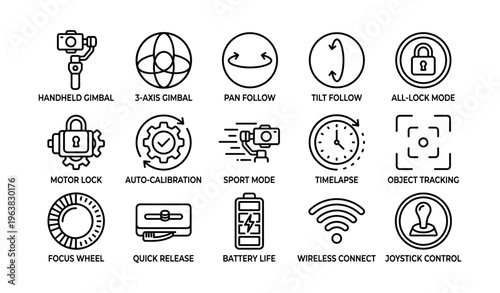 Camera stabilizer icon set featuring modes and functions for video and photography