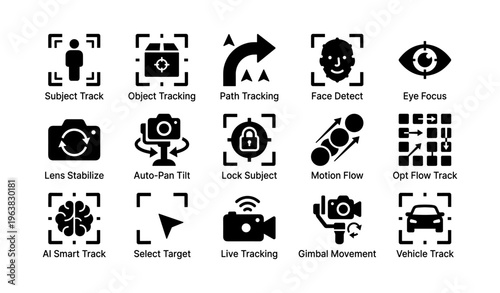 Camera tracking and stabilization icon set for photography and videography