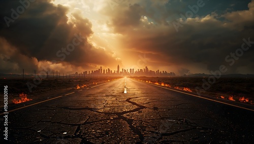 Cracked asphalt road leading to distant city skyline under sunset sky