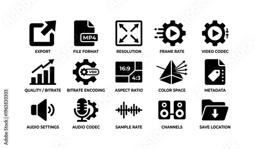 Video editing icons set: export, file format, resolution, frame rate, audio settings