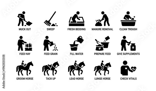 Horse care icons: stable maintenance and grooming activities