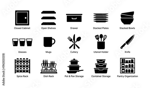 Kitchen icons: cabinets, racks, utensils, and storage solutions