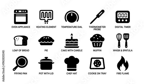 Kitchen tools and baked goods icons including oven, timer, bread, and chef hat