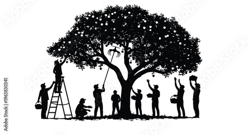 Diverse group of farmers harvesting ripe apples from a large fruit bearing tree illustration