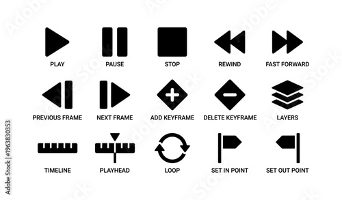 Set of media control icons for video and animation editing