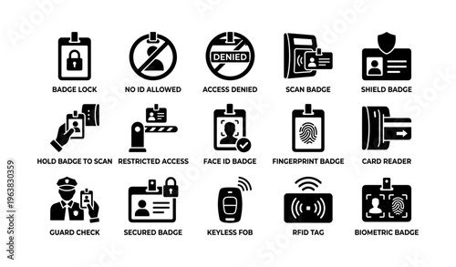 Access control icon set: badges, scanners, biometric security symbols