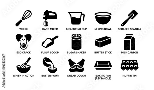 Kitchen tools silhouettes set: whisk, mixer, measuring cup, mixing bowl, spatula