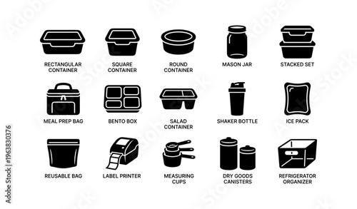 Kitchen storage icons: containers, jars, and organizers for efficient kitchen management