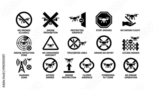 Drone prohibition signs and symbols for restricted airspace areas