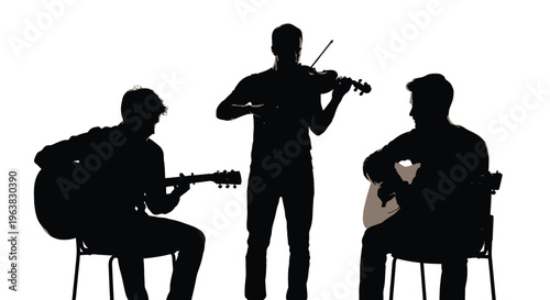 Silhouette vector illustration of three musicians performing an acoustic musical ensemble with guitars and violin