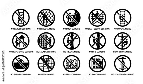 Safety warnings: no climbing signs across multiple structures