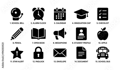 Set of educational icons: school bell, alarm clock, calendar, graduation cap, and more