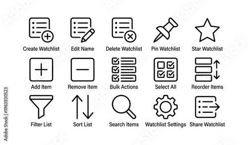 Set of watchlist management icons for organization and control