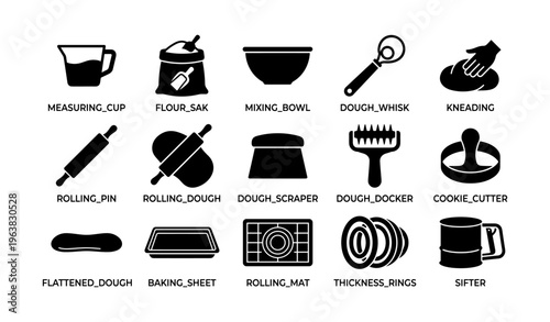 Kitchen tools for baking: mixing bowls, rolling pins, dough whisks, cookie cutters collection