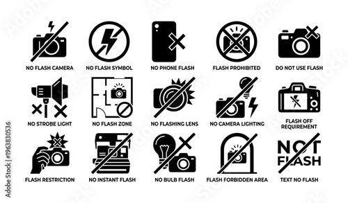 Flash warning icons: no flash, camera restrictions, and prohibited symbols