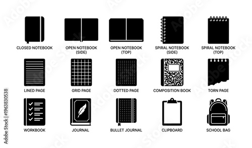 Notebook and page icons: spiral, composition, grid, journal, clipboard, school bag