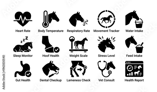 Equine health monitoring icons: heart rate, temperature, respiratory, movement, water intake