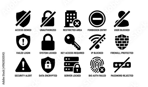 Access denied icons: security, lock, password, encryption, firewall symbols
