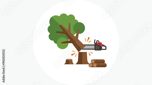 Minimal flat vector icon of prohibition circle over chainsaw and tree, anti illegal logging symbol, bold composition 