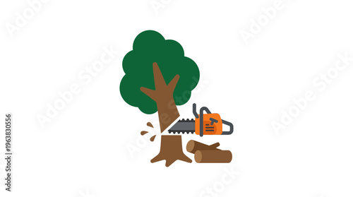 Minimal flat vector icon of prohibition circle over chainsaw and tree, anti illegal logging symbol, bold composition 