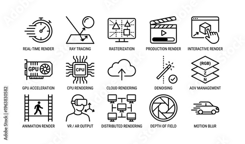 Icons representing rendering techniques and technological concepts