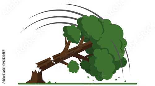 Minimal flat vector icon of large tree falling with directional motion lines, simplified canopy and trunk segmentation, dynamic composition,