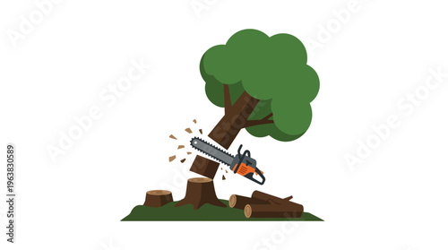 Minimal flat vector icon of prohibition circle over chainsaw and tree, anti illegal logging symbol, bold composition 