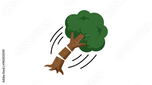 Minimal flat vector icon of large tree falling with directional motion lines, simplified canopy and trunk segmentation, dynamic composition,