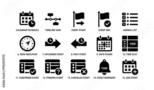 Calendar and time management icons set: schedule, event, agenda, reminder, timer