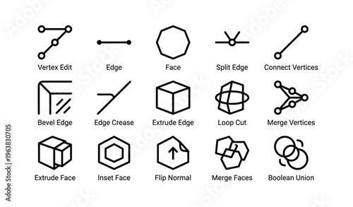 3d modeling icons: tools for vertex, edge, face, and shape modifications