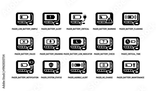Digital pager icons set with battery alerts and status indicators