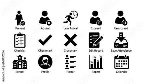 Attendance management icons collection for tracking and reporting