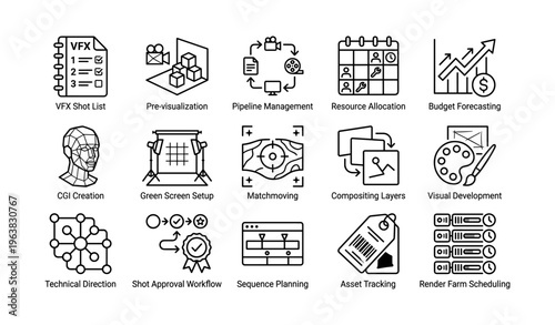 Visual effects workflow icons: management, planning, and technical direction