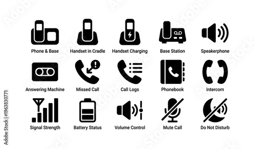 Communication device icons: phone, charging, speaker, signal, battery status