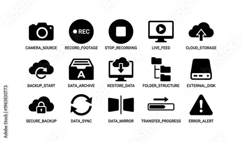 Icon set for recording and data management: camera, cloud, disk