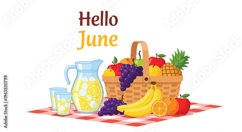 Illustration of a picnic setup with a basket of fresh fruit and a pitcher of lemonade on a red and white checkered cloth with the text 'Hello June'.