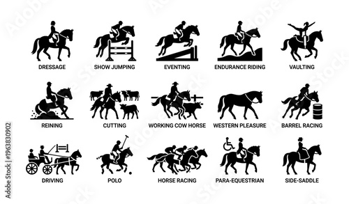 Silhouette icons of equestrian activities with riders on horses