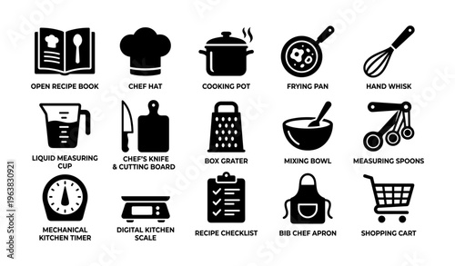 Culinary tools icons: recipe book, chef hat, cooking pot, kitchen essentials
